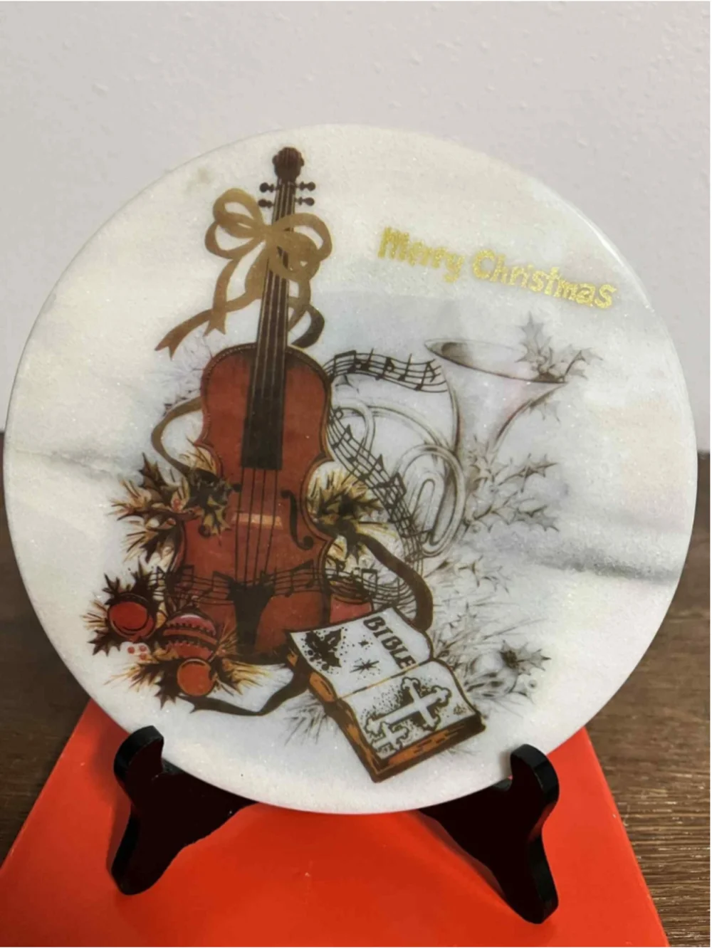 Vintage Marble Merry Christmas Decorative Plate Holiday Display Art Stand & Box